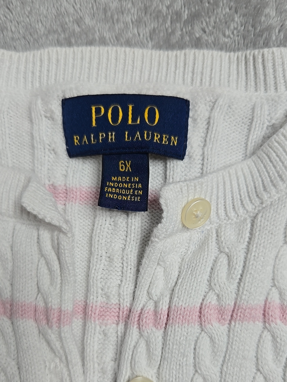 Ralph Lauren White Cable-Knit Cardigan with Light Pink Stripes - Picture 7 of 8